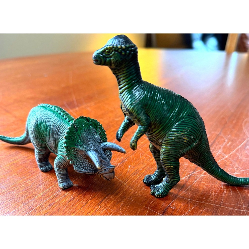 Vintage Style Green Plastic Dinosaur Figures Triceratops Parasaurolophus Set